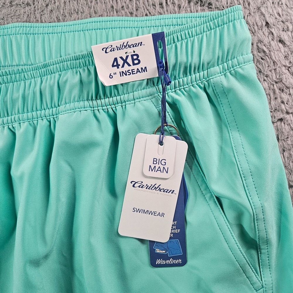 NWT Caribbean Swim Shorts Trunks Men's 4XB Yellow Lined Light Green Drawstring